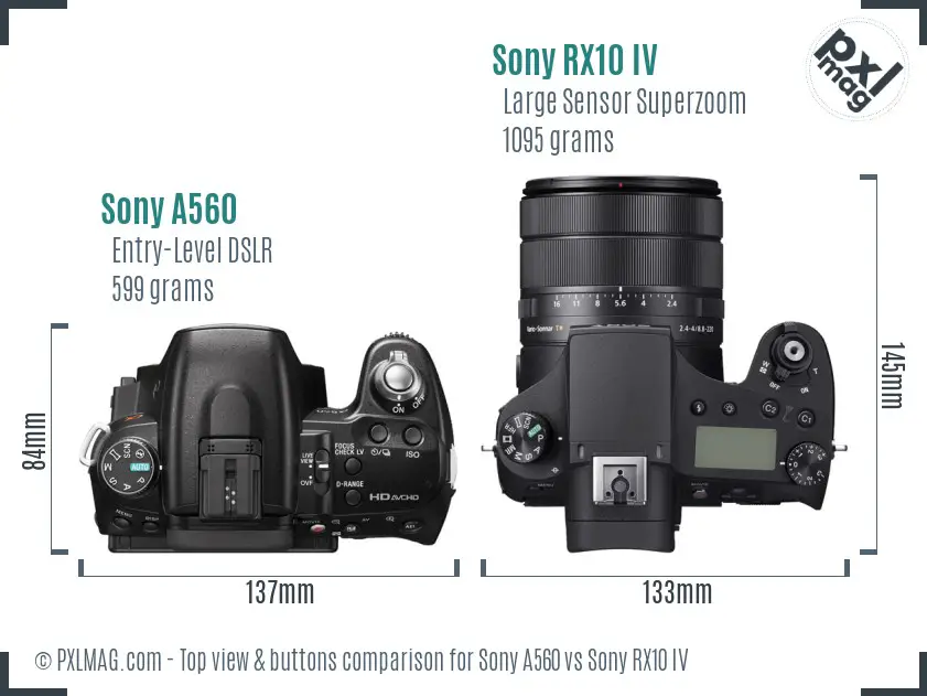 Sony A560 vs Sony RX10 IV top view buttons comparison