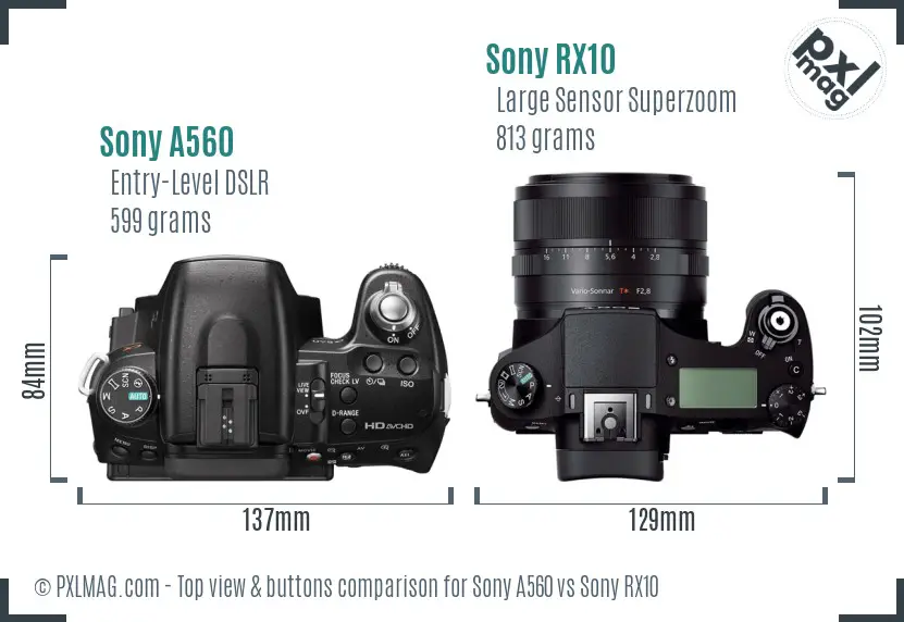 Sony A560 vs Sony RX10 top view buttons comparison