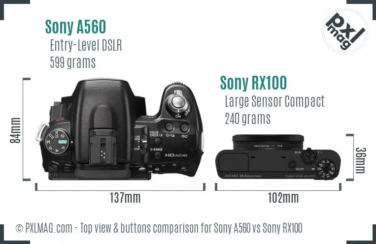 Sony A560 vs Sony RX100 top view buttons comparison