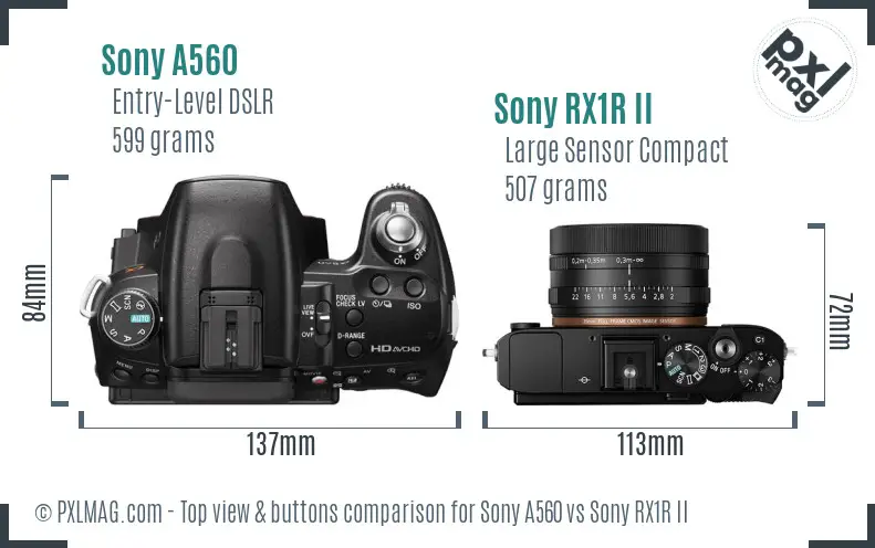 Sony A560 vs Sony RX1R II top view buttons comparison