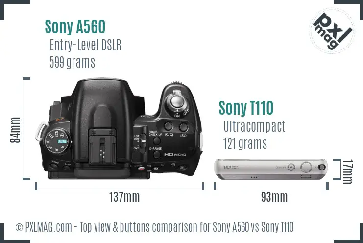 Sony A560 vs Sony T110 top view buttons comparison