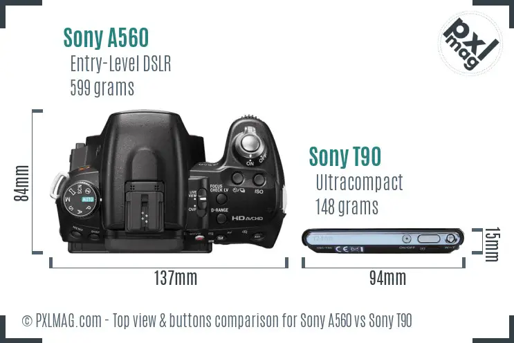 Sony A560 vs Sony T90 top view buttons comparison