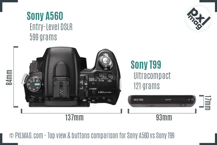 Sony A560 vs Sony T99 top view buttons comparison