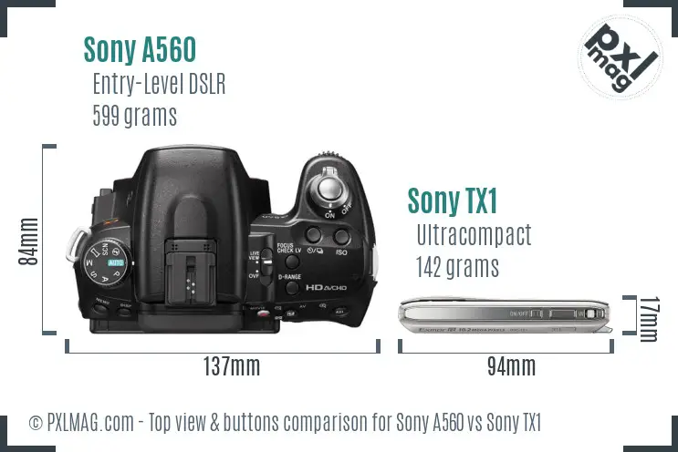 Sony A560 vs Sony TX1 top view buttons comparison