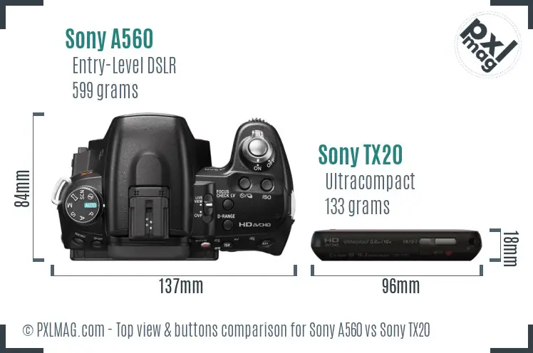 Sony A560 vs Sony TX20 top view buttons comparison