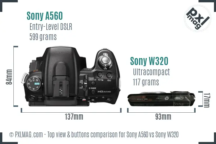 Sony A560 vs Sony W320 top view buttons comparison