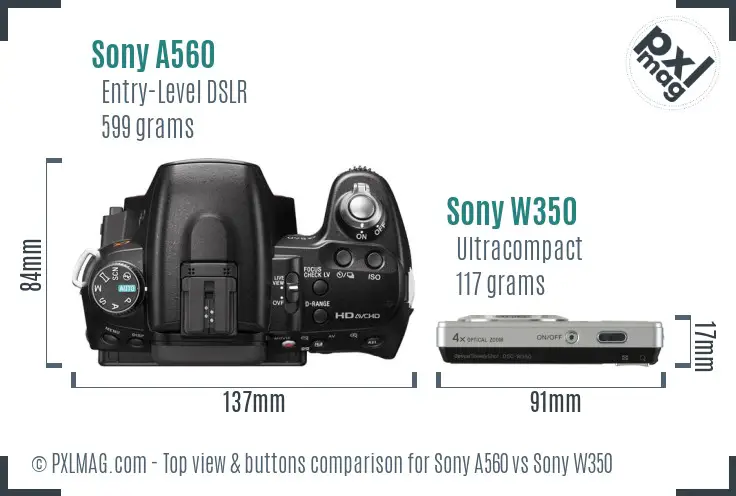 Sony A560 vs Sony W350 top view buttons comparison