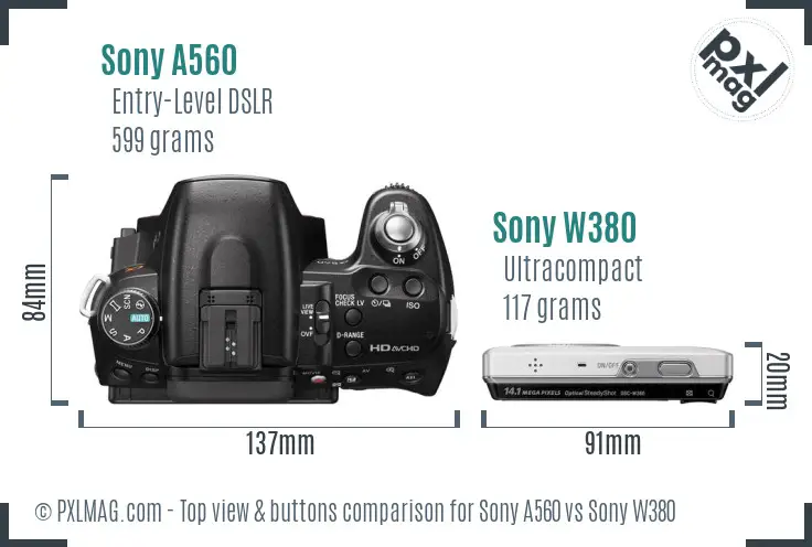 Sony A560 vs Sony W380 top view buttons comparison