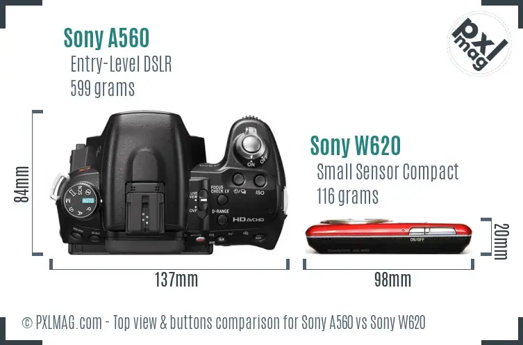 Sony A560 vs Sony W620 top view buttons comparison