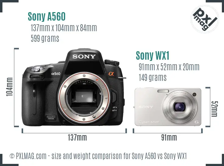 Sony A560 vs Sony WX1 size comparison