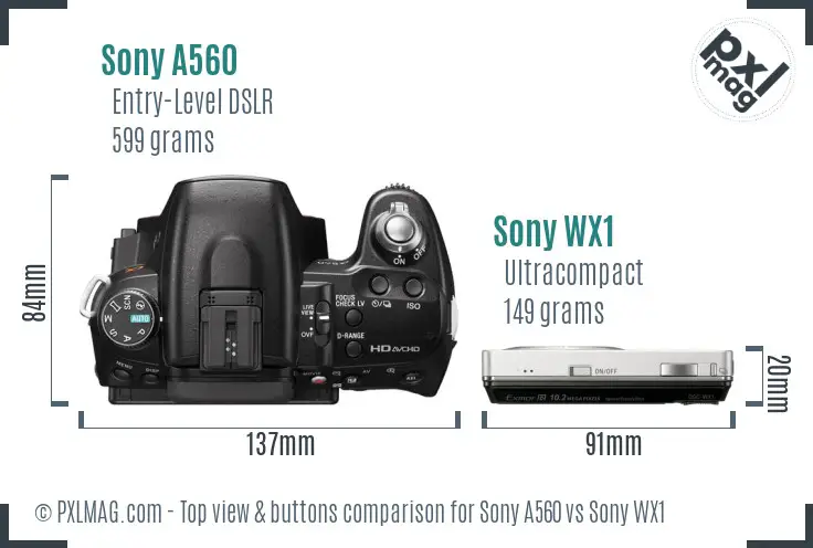 Sony A560 vs Sony WX1 top view buttons comparison