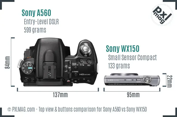 Sony A560 vs Sony WX150 top view buttons comparison