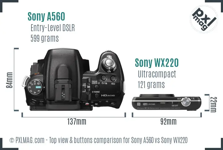 Sony A560 vs Sony WX220 top view buttons comparison