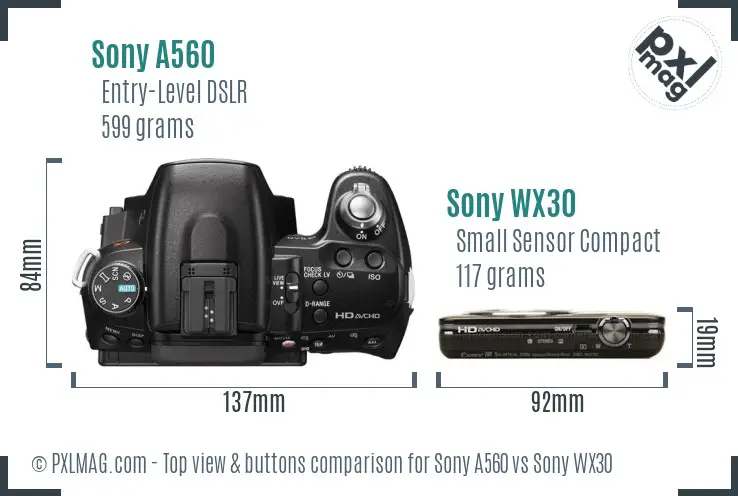 Sony A560 vs Sony WX30 top view buttons comparison