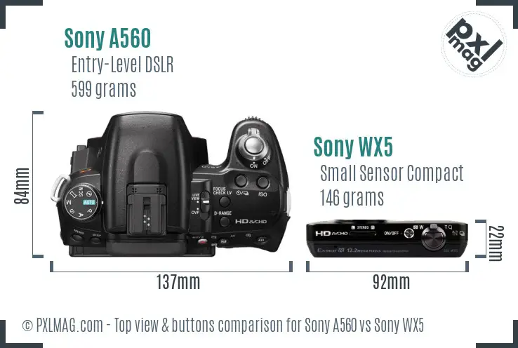 Sony A560 vs Sony WX5 top view buttons comparison