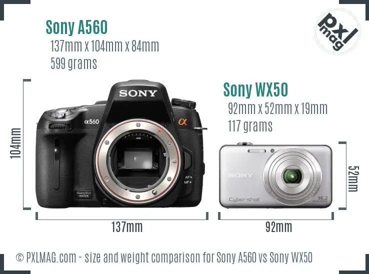 Sony A560 vs Sony WX50 size comparison