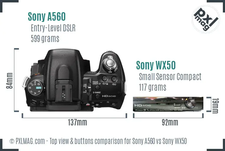 Sony A560 vs Sony WX50 top view buttons comparison