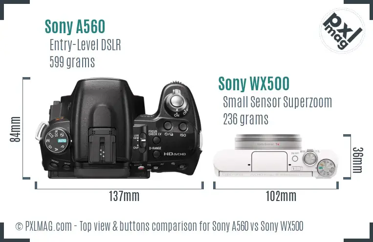 Sony A560 vs Sony WX500 top view buttons comparison