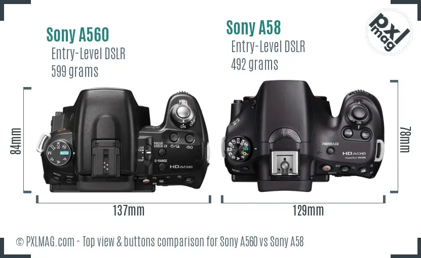 Sony A560 vs Sony A58 top view buttons comparison