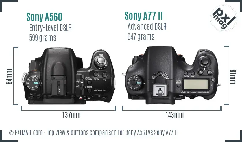 Sony A560 vs Sony A77 II top view buttons comparison