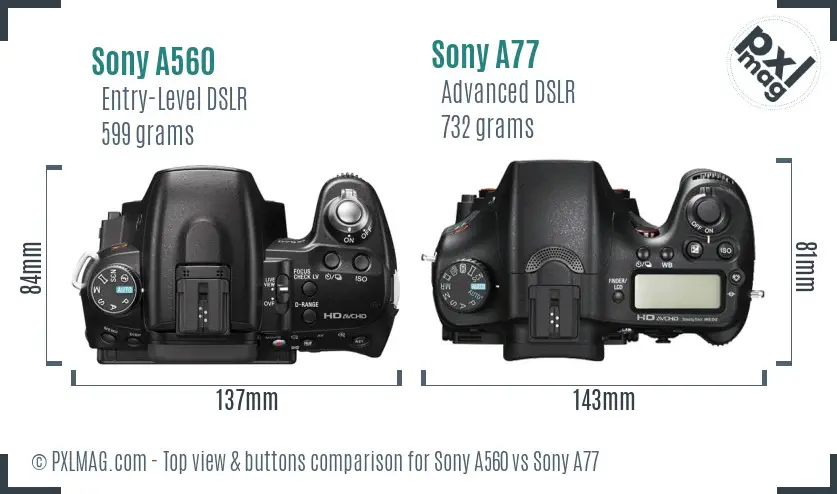 Sony A560 vs Sony A77 top view buttons comparison