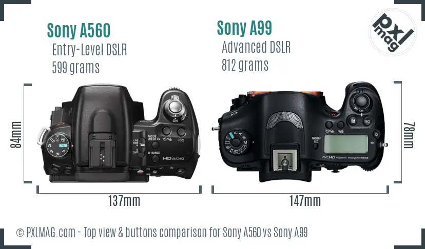 Sony A560 vs Sony A99 top view buttons comparison