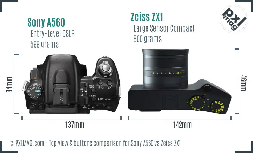 Sony A560 vs Zeiss ZX1 top view buttons comparison