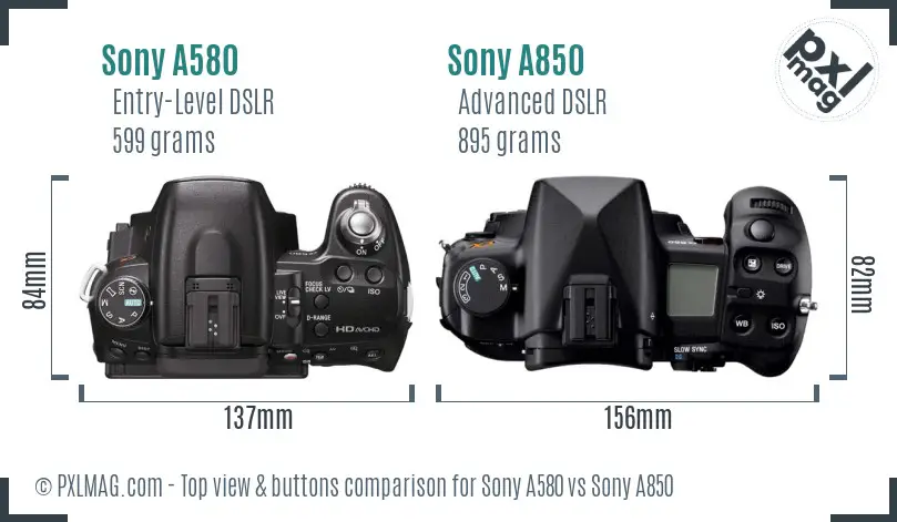 Sony A580 vs Sony A850 top view buttons comparison