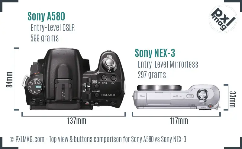 Sony A580 vs Sony NEX-3 top view buttons comparison