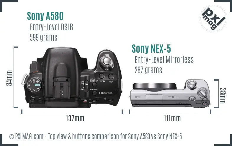 Sony A580 vs Sony NEX-5 top view buttons comparison