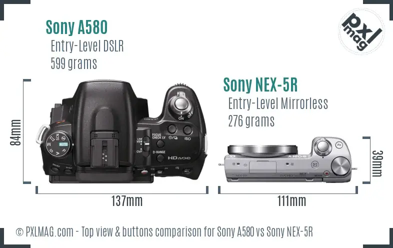 Sony A580 vs Sony NEX-5R top view buttons comparison