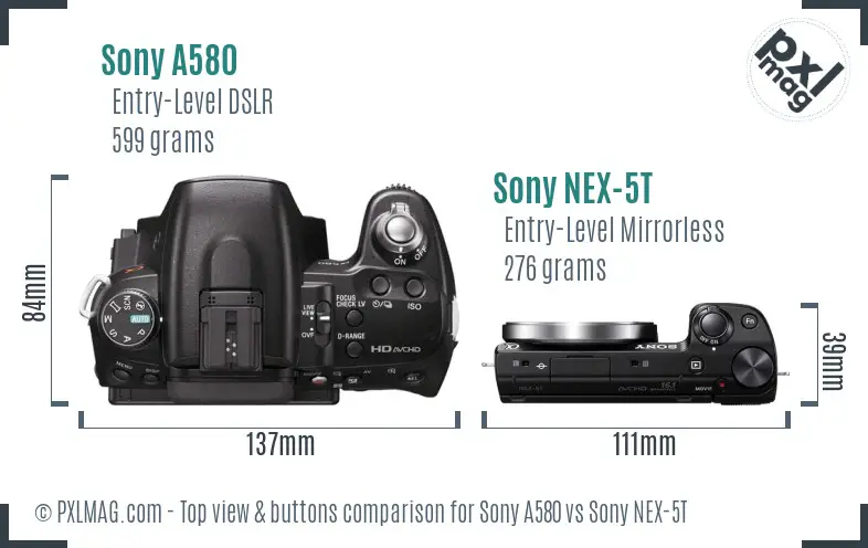 Sony A580 vs Sony NEX-5T top view buttons comparison