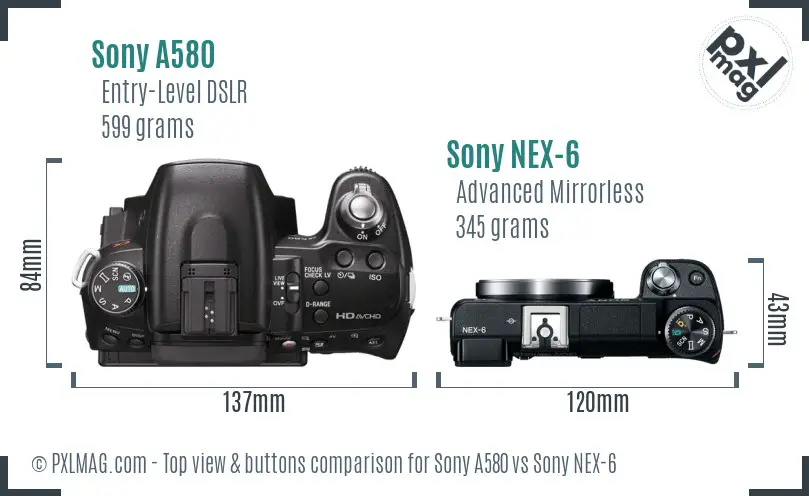 Sony A580 vs Sony NEX-6 top view buttons comparison