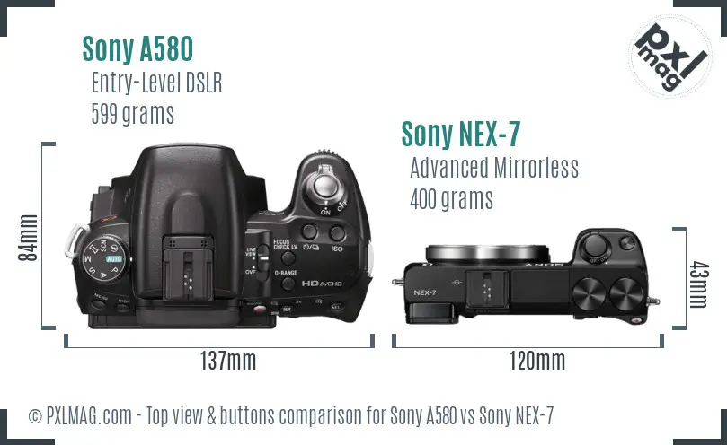 Sony A580 vs Sony NEX-7 top view buttons comparison