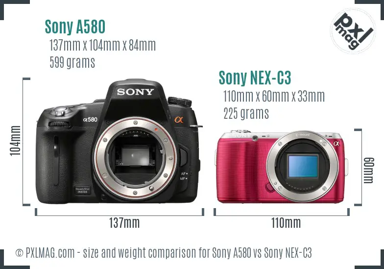 Sony A580 vs Sony NEX-C3 size comparison