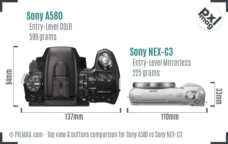 Sony A580 vs Sony NEX-C3 top view buttons comparison