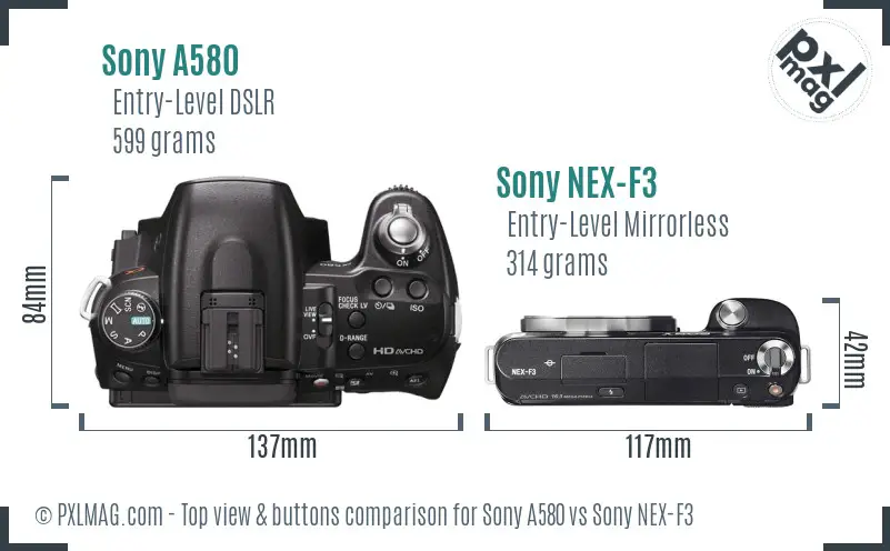 Sony A580 vs Sony NEX-F3 top view buttons comparison