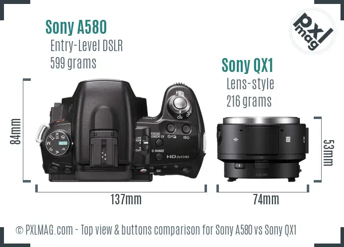 Sony A580 vs Sony QX1 top view buttons comparison