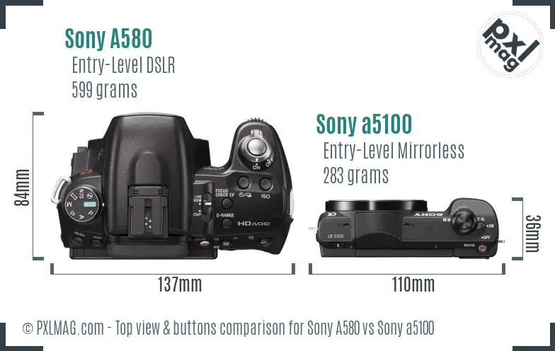 Sony A580 vs Sony a5100 top view buttons comparison