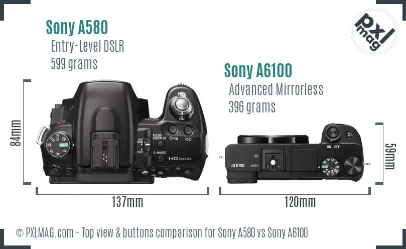Sony A580 vs Sony A6100 top view buttons comparison