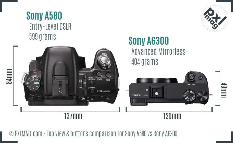 Sony A580 vs Sony A6300 top view buttons comparison