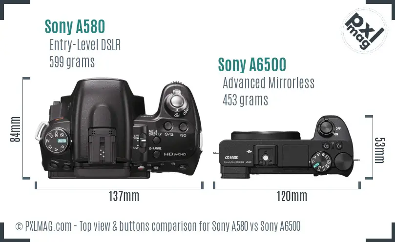Sony A580 vs Sony A6500 top view buttons comparison