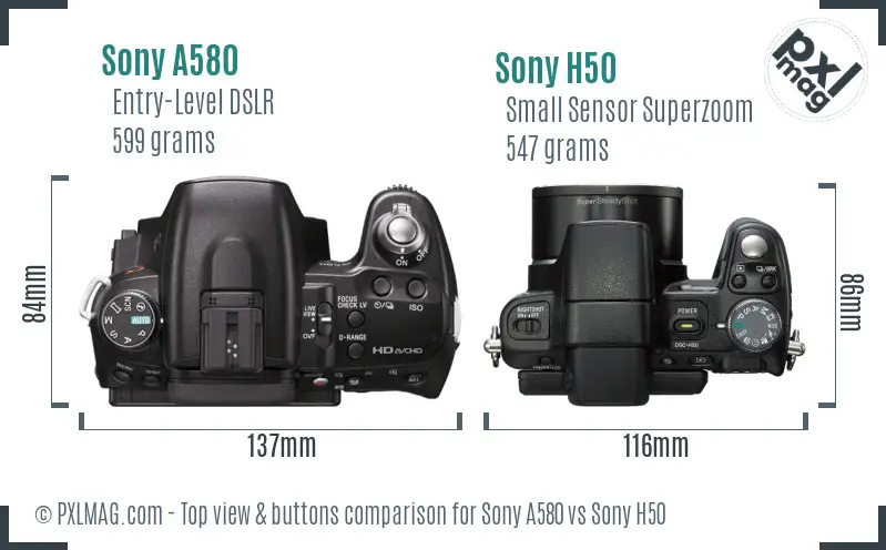 Sony A580 vs Sony H50 top view buttons comparison