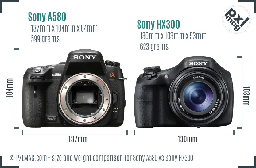Sony A580 vs Sony HX300 size comparison