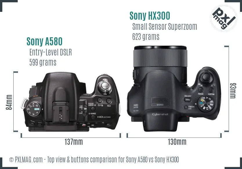 Sony A580 vs Sony HX300 top view buttons comparison