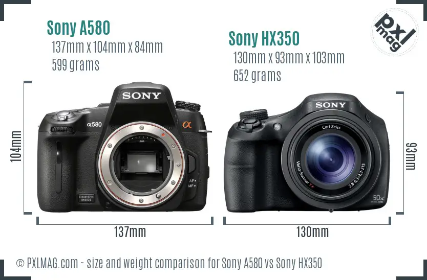 Sony A580 vs Sony HX350 size comparison