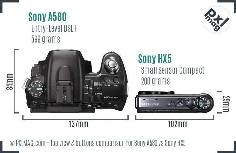 Sony A580 vs Sony HX5 top view buttons comparison