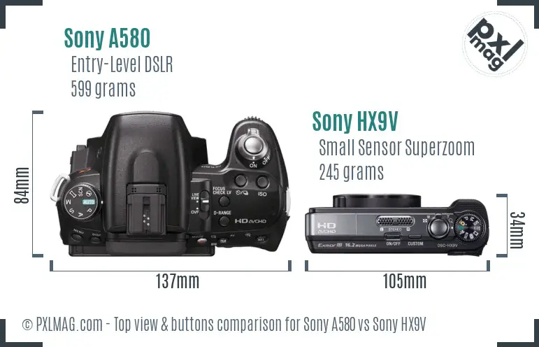 Sony A580 vs Sony HX9V top view buttons comparison