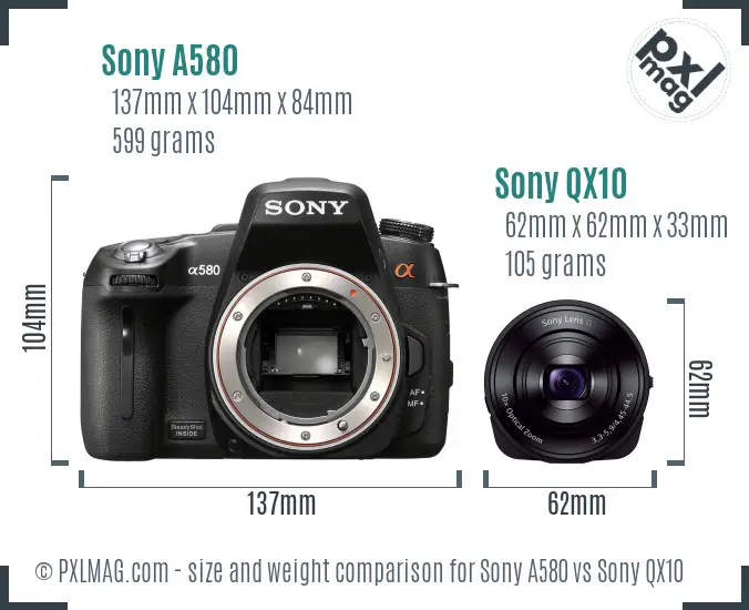 Sony A580 vs Sony QX10 size comparison