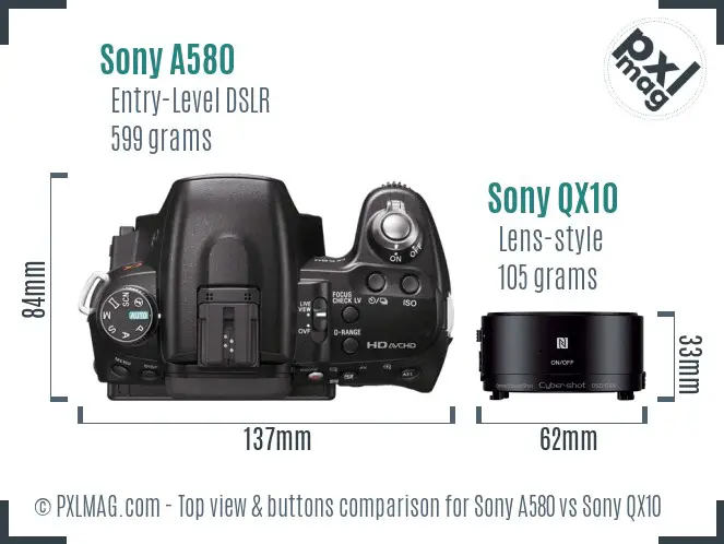 Sony A580 vs Sony QX10 top view buttons comparison